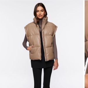 NWT Faux Leather Zip Up Puffer Vest in Taupe